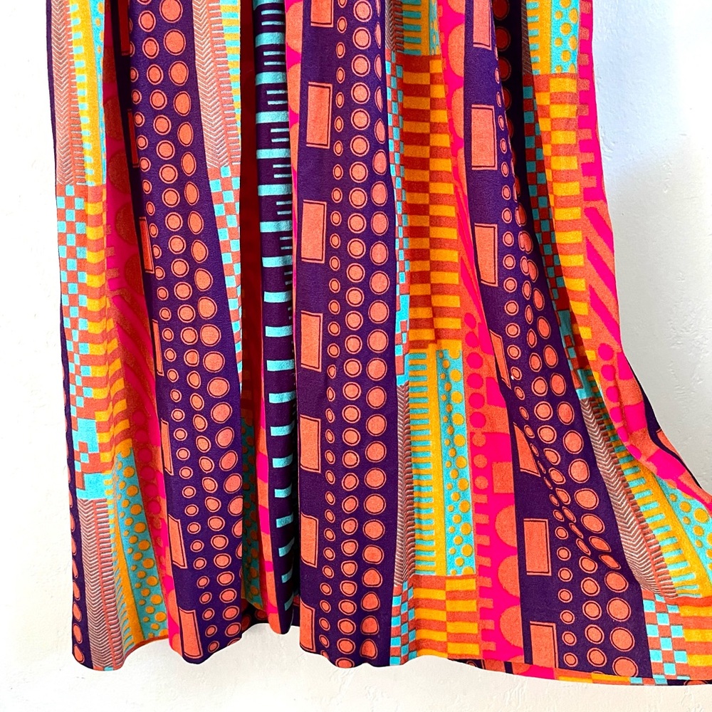 Vintage Colorful Retro Neon Geo Abstract 70s Maxi Gown Jersey Knit Dress - Picture 9 of 13